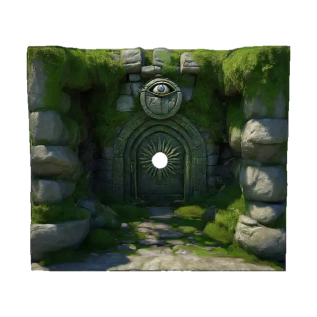 3D model for An old overgrown and mosscovered entrance to a dungeon. Sculpted from massive stone with a big carved eye over its entrance