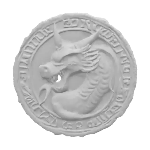 3D model for An old round granite plate with a detailled western dragon face relief. The granite plate has a frame with engraved old mystical runes, #emblem#