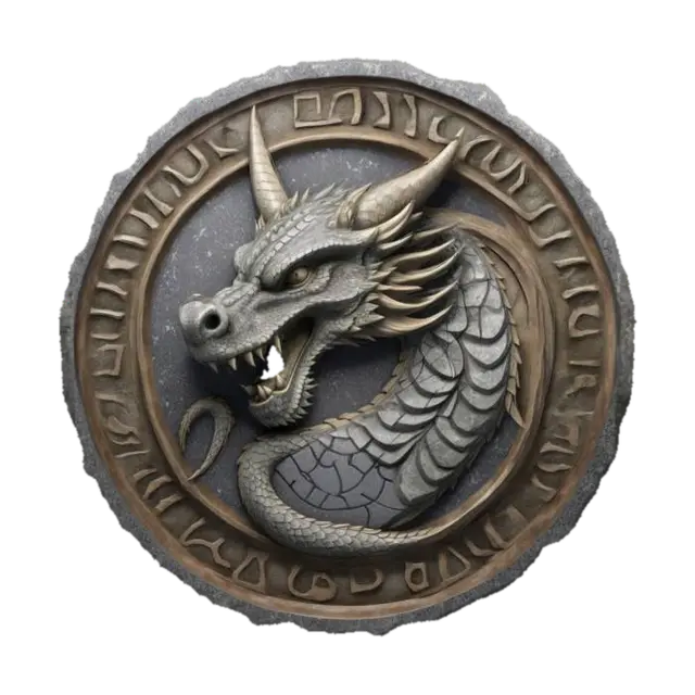 3D model for An old round granite plate with a detailled western dragon face relief. The granite plate has a frame with engraved old mystical runes, #emblem#