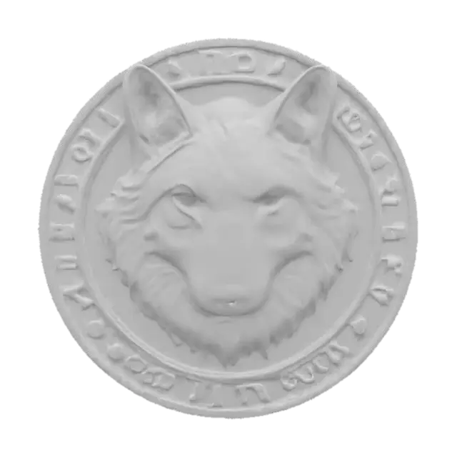 3D model for A bronze plate with a detailled wolf face relief. The bronze plate has a frame with engraved foreign lettering, #emblem#