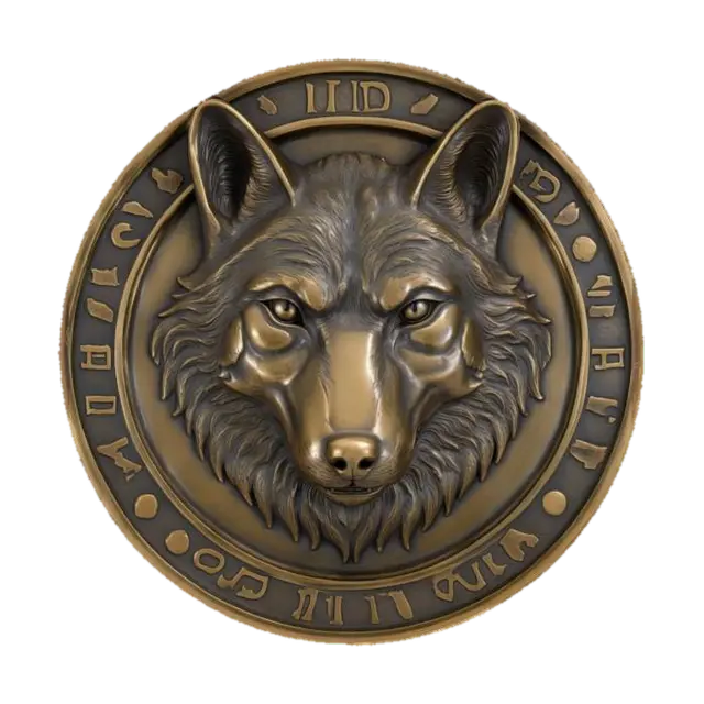 3D model for A bronze plate with a detailled wolf face relief. The bronze plate has a frame with engraved foreign lettering, #emblem#