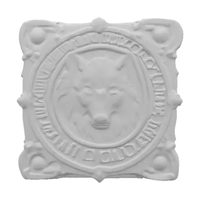 3D model for A bronze plate with a detailled narrow wolf face relief. The bronze plate has a frame with engraved foreign lettering, #emblem#