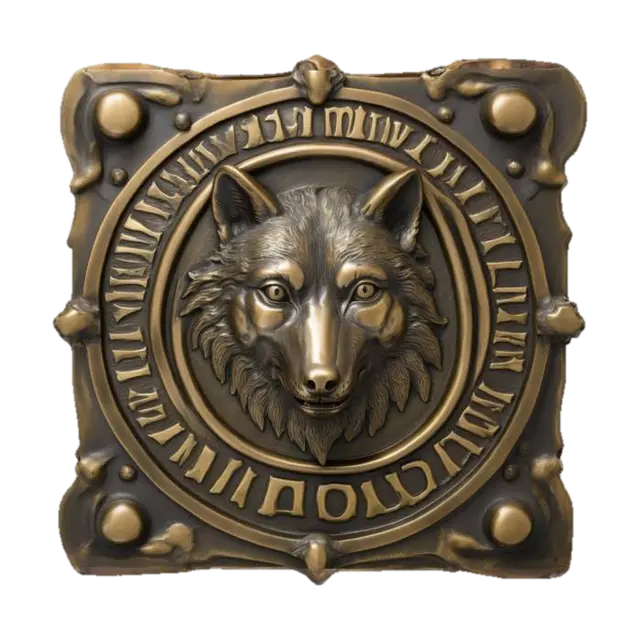 3D model for A bronze plate with a detailled narrow wolf face relief. The bronze plate has a frame with engraved foreign lettering, #emblem#