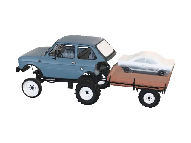 3D model for Blue vintage pickup hauling a wooden trailer
