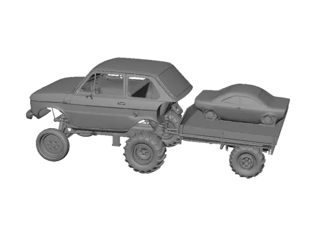 3D model for Blue vintage pickup hauling a wooden trailer