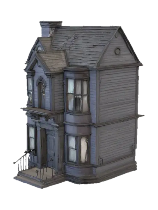 a haunted mansion that the windows are broken and the front door has a scary door… 3D model, vytvořený pomocí AI