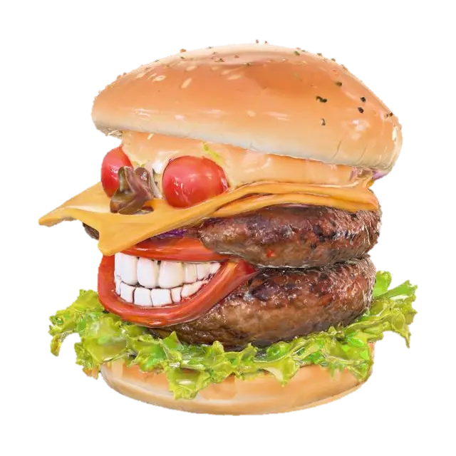 3D model for A hamburger that has a face with a large vicious grin