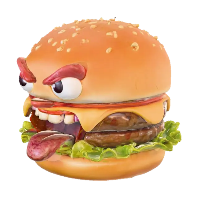 3D model for A hamburger that has a face with a large vicious grin