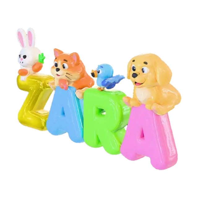 the word Zara surrounded by little animals - Kids 3D model, vytvořený pomocí AI