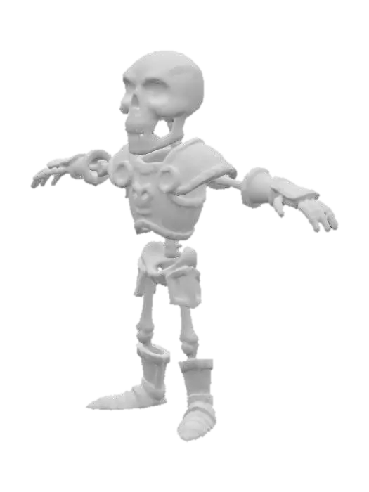 3D model for A stylized medieval fantasy skeleton enemy standing in a T-pose, designed for a semi-cartoonish RPG. The skeleton is tall and thin, with long bony limbs and slightly exaggerated proportions to match a whimsical fantasy style. Its skull is oversized with expressive, hollow eye sockets that give it a mischievous, eerie charm rather than pure horror. The bones are chipped and cracked in places, showing wear from countless battles. It wears it wears heavy armour — with no flowing cloth or capes to avoid animation issues. and should not carry any weapons or items. The design should feel lighthearted and slightly humorous, fitting a comedic medieval fantasy RPG, while still clearly identifying the character as an enemy creature.