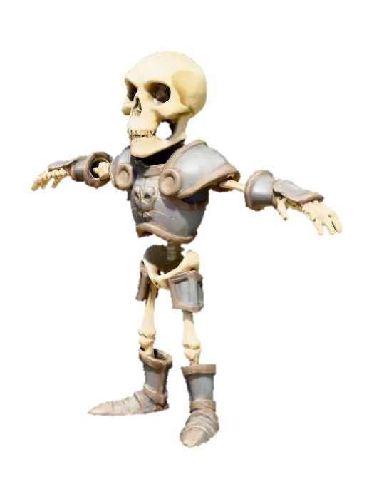 3D model for A stylized medieval fantasy skeleton enemy standing in a T-pose, designed for a semi-cartoonish RPG. The skeleton is tall and thin, with long bony limbs and slightly exaggerated proportions to match a whimsical fantasy style. Its skull is oversized with expressive, hollow eye sockets that give it a mischievous, eerie charm rather than pure horror. The bones are chipped and cracked in places, showing wear from countless battles. It wears it wears heavy armour — with no flowing cloth or capes to avoid animation issues. and should not carry any weapons or items. The design should feel lighthearted and slightly humorous, fitting a comedic medieval fantasy RPG, while still clearly identifying the character as an enemy creature.
