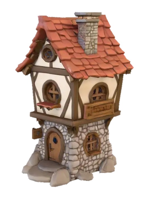 A whimsical medieval fantasy town building designed in a lighthearted,… - Charming 3D model, vytvořený pomocí AI