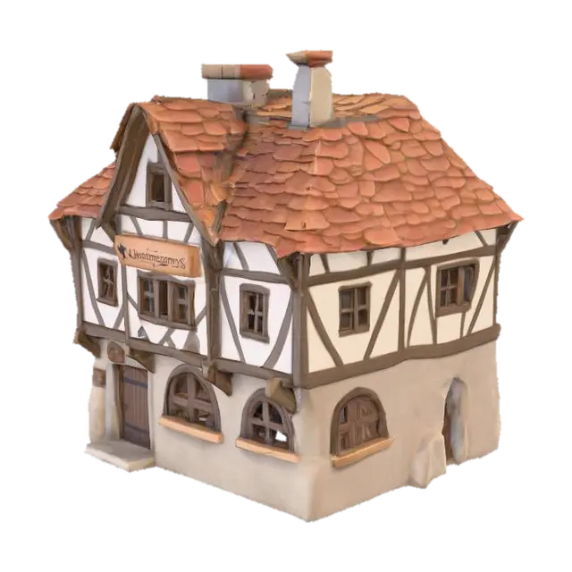 A whimsical medieval fantasy town building designed in a lighthearted,… - Charming 3D model, vytvořený pomocí AI
