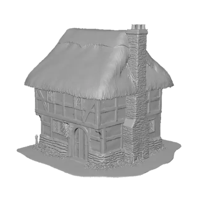 3D model for Village Dwelling (Standard Home)

Size: ~8m wide × 7m tall × 6m deep.
A two-story, half-timbered house with a thatched roof and small leaded windows. Walls are whitewashed daub framed by dark oak beams. Stone chimney, uneven foundation, herbs hanging by the door.
Mood: late afternoon sun, warm golden tones.
Style tags: medieval home, painterly realism, grounded charm, consistent village style.