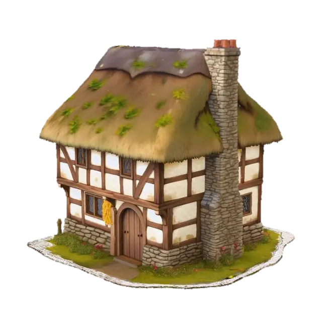 3D model for Village Dwelling (Standard Home)

Size: ~8m wide × 7m tall × 6m deep.
A two-story, half-timbered house with a thatched roof and small leaded windows. Walls are whitewashed daub framed by dark oak beams. Stone chimney, uneven foundation, herbs hanging by the door.
Mood: late afternoon sun, warm golden tones.
Style tags: medieval home, painterly realism, grounded charm, consistent village style.