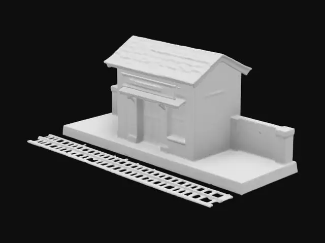 3D model for 小型火车车站，有一个石制的露天地台，地台上一块木制的站点提示木牌，木牌是长方形的，站台上没有屋子。站台的旁边有一段铁轨