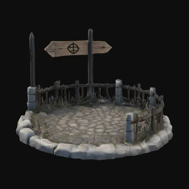 3D model for Medieval nautical-themed train platform: cobblestone base with rough edges, wooden rune-carved signpost, weathered plank-embedded iron rails; style: rustic fusion (medieval + maritime), texture priority: wood>stone>iron, ambient occlusion; lighting: neutral daylight; constraints: no modern parts (wooden pegs only), optional low-poly ferns; tech specs: <5k triangles, asymmetrical layout