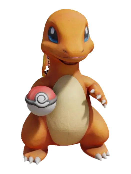 A stylized 3D model of Charmander standing upright, smiling, and holding a… 3D model, vytvořený pomocí AI