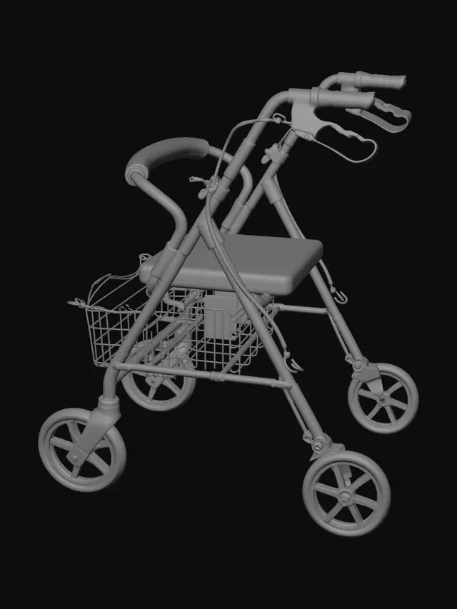 3D model for Red four-wheel rollator with seat and wire basket