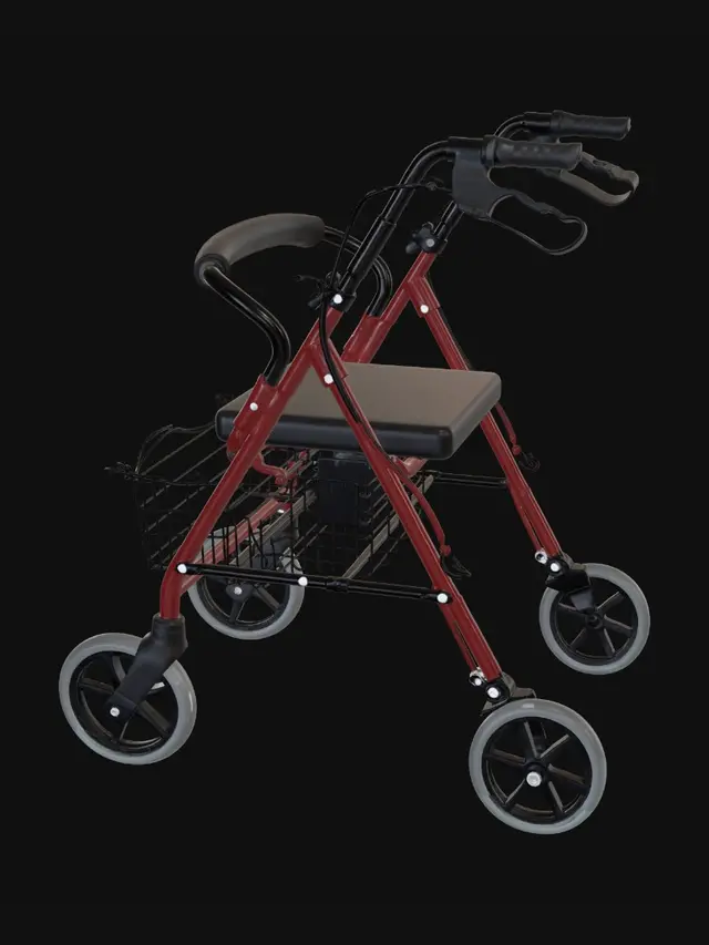 3D model for Red four-wheel rollator with seat and wire basket