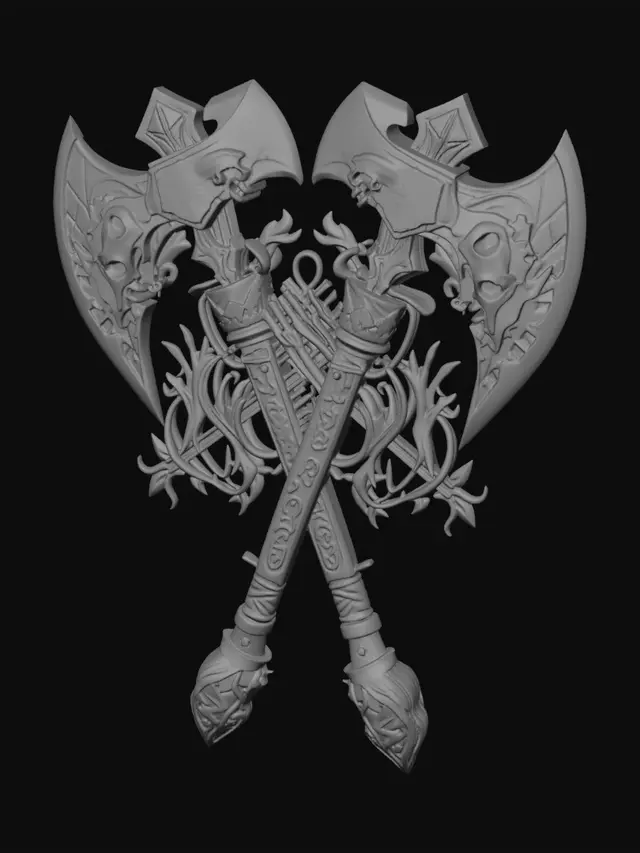 3D model for wooden Viking shield with Norse scrollwork  with axes crossed attached to the shield