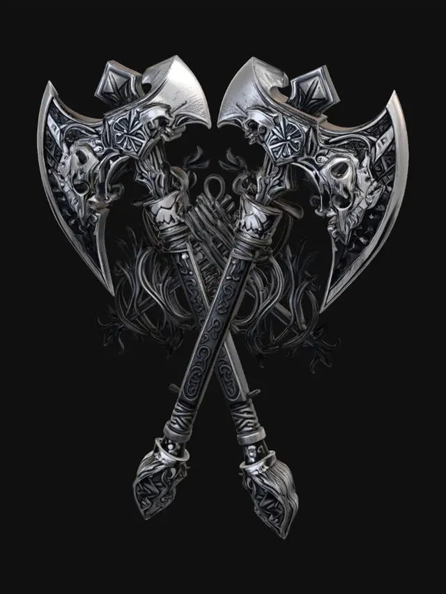 3D model for wooden Viking shield with Norse scrollwork  with axes crossed attached to the shield