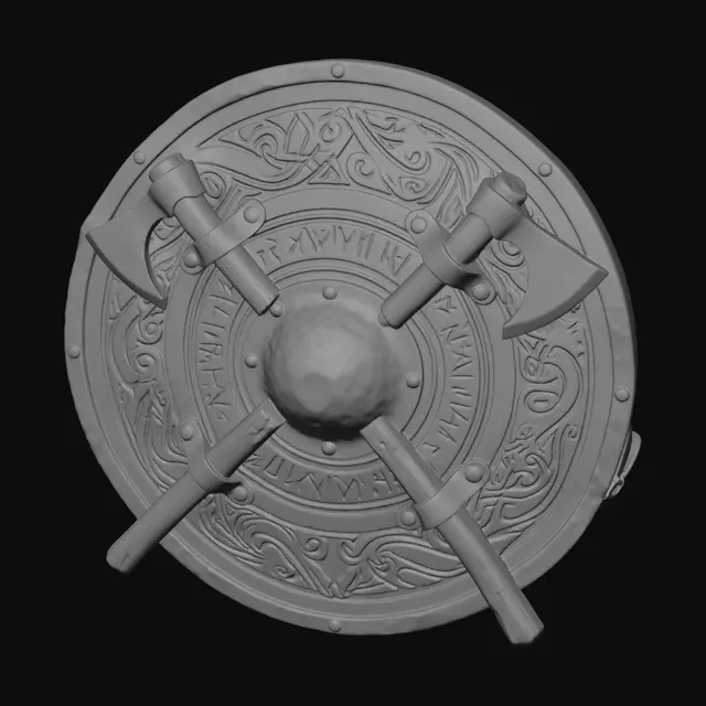 3D model for wooden Viking shield with Norse scrollwork  with axes crossed attached to the shield