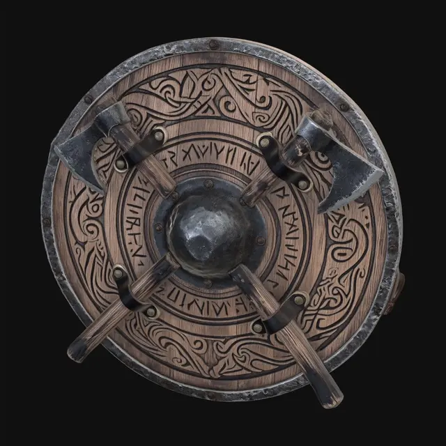 3D model for wooden Viking shield with Norse scrollwork  with axes crossed attached to the shield