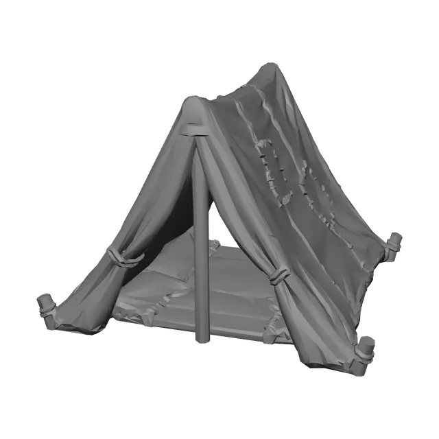 3D model for Take the tent shape and structure from the first image and restyle it to match the art style, texture quality, color palette, and lighting of the second image. The tent should have weathered, detailed fabric texture with darker muted tones, rich material detail, high-quality 3D game asset render style with dramatic directional lighting and deep shadows, isometric-like view on a clean neutral/dark background, same worn and aged material feel as the second image's wood and metal surfaces.