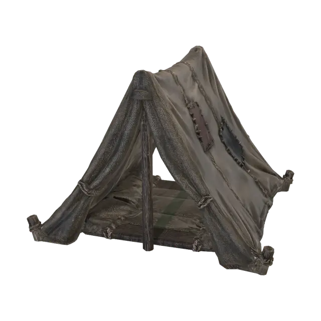 3D model for Take the tent shape and structure from the first image and restyle it to match the art style, texture quality, color palette, and lighting of the second image. The tent should have weathered, detailed fabric texture with darker muted tones, rich material detail, high-quality 3D game asset render style with dramatic directional lighting and deep shadows, isometric-like view on a clean neutral/dark background, same worn and aged material feel as the second image's wood and metal surfaces.