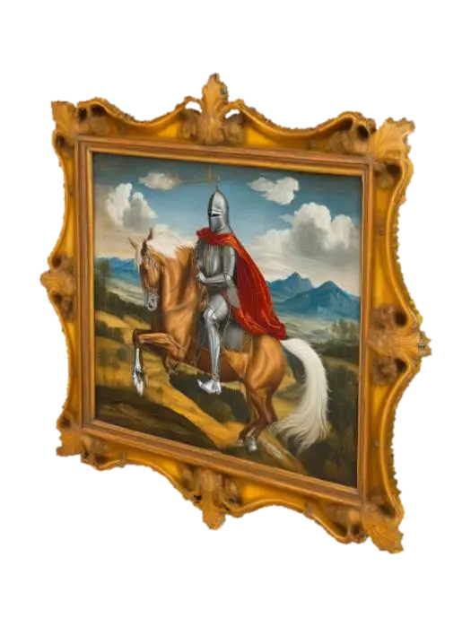 An antique, intricately framed renaissance painting of a knight atop his horse. 3D model, vytvořený pomocí AI