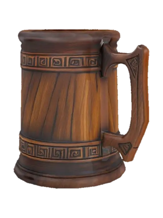 3D model for A sturdy Viking mug, crafted from dark, polished wood, possibly oak or teak, giving it a smooth yet visibly grained surface. Its cylindrical body flares slightly towards the base, with a robust, ergonomic handle. Along the mug's outer surface, intricate Norse runes are deeply carved, creating a raised, tactile texture that contrasts with the otherwise smooth wood. The natural wood color is rich and earthy, possibly stained to a deeper hue, hinting at historical use.