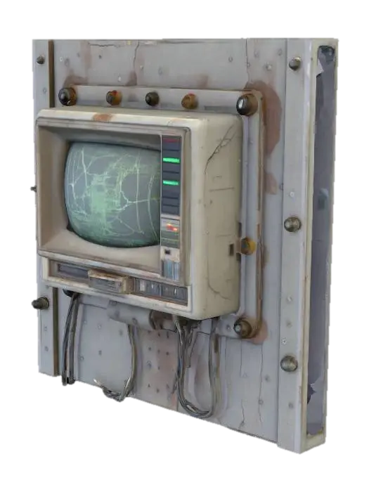Modelong 3D ng aged computer terminal embedded in steel wall, cracked display screen showing faint…, ginawa ng AI