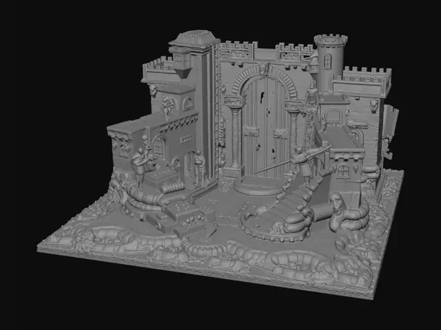 3D model for Tabletop 3D printed diorama presentation for MakerWorld contest "The Breach". Showcase of 28mm-32mm scale dark fantasy modular ruins and miniatures printed on FDM 3D printer. Prominent layer lines visible on PLA plastic walls. In center, a glowing purple magical portal breach with atmospheric fog. Surrounding are ruined gothic stone buildings with multiple playable levels, ladders, bridges, scatter terrain crates. Small painted knight miniatures placed on balconies. High-quality macro photography on a wooden tabletop workshop background. Dramatic lighting highlighting filament textures. Ultra-detailed, realistic mockup presentation.
