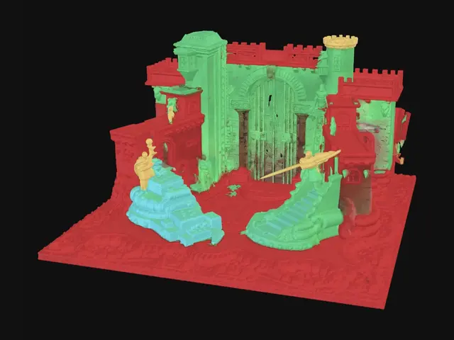 3D model for Tabletop 3D printed diorama presentation for MakerWorld contest "The Breach". Showcase of 28mm-32mm scale dark fantasy modular ruins and miniatures printed on FDM 3D printer. Prominent layer lines visible on PLA plastic walls. In center, a glowing purple magical portal breach with atmospheric fog. Surrounding are ruined gothic stone buildings with multiple playable levels, ladders, bridges, scatter terrain crates. Small painted knight miniatures placed on balconies. High-quality macro photography on a wooden tabletop workshop background. Dramatic lighting highlighting filament textures. Ultra-detailed, realistic mockup presentation.