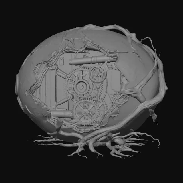 3D model for A hyper-detailed, unsettling 3D model of a massive, ancient Easter egg, roughly eight feet tall, unearthed within a dense, wet, temperate forest clearing. This is not a polished egg, but a visceral, biological-mechanical relic. Its surface is a dark, mottled texture of aged, encrusted bone, rough, petrified wood, and interwoven, tarnished copper wire. The entire structure pulses with a faint, internal, sickly green-orange luminescence, visible through jagged fissures and complex, exposed clockwork mechanisms made of corroded iron gears, glass tubes filled with bubbling crimson fluids, and bundles of raw, fibrous nerves and organic sinew. From the base, thick, gnarled tree roots and black, wet soil wrap around the egg, as if the earth itself is reclaiming it. thorny vines #EasterEgg2026#