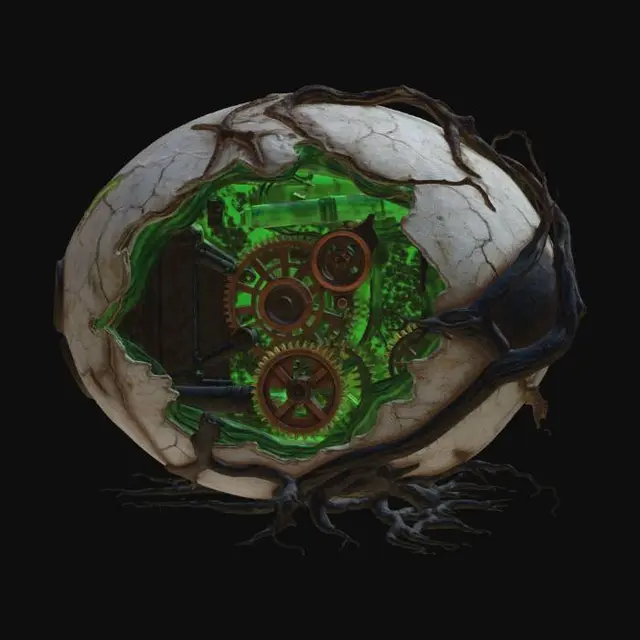 3D model for A hyper-detailed, unsettling 3D model of a massive, ancient Easter egg, roughly eight feet tall, unearthed within a dense, wet, temperate forest clearing. This is not a polished egg, but a visceral, biological-mechanical relic. Its surface is a dark, mottled texture of aged, encrusted bone, rough, petrified wood, and interwoven, tarnished copper wire. The entire structure pulses with a faint, internal, sickly green-orange luminescence, visible through jagged fissures and complex, exposed clockwork mechanisms made of corroded iron gears, glass tubes filled with bubbling crimson fluids, and bundles of raw, fibrous nerves and organic sinew. From the base, thick, gnarled tree roots and black, wet soil wrap around the egg, as if the earth itself is reclaiming it. thorny vines #EasterEgg2026#