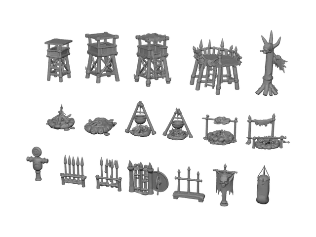 3D model for Outpost Forge: Watchtowers, Campfire & Weapons