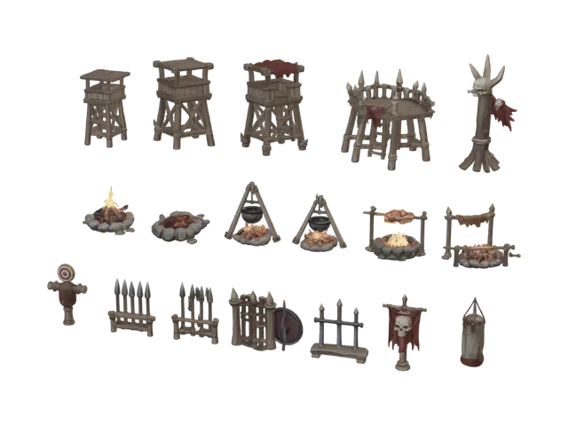 3D model for Outpost Forge: Watchtowers, Campfire & Weapons