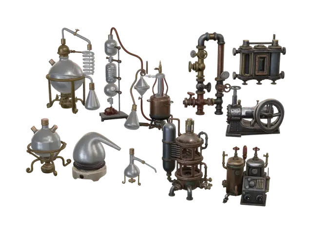Steampunk laboratory apparatus - Experimental 3D model, AI generated