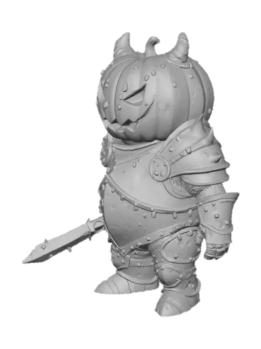 3D model for stylized 3d model of a small pumpkin-headed demon knight, armor made of bronze and candle wax, glowing eyes, cute but spooky, halloween theme, cinematic lighting