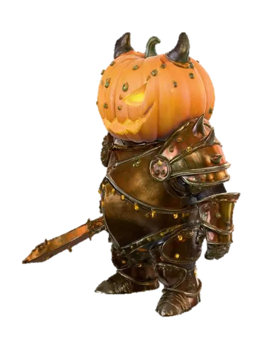 3D model for stylized 3d model of a small pumpkin-headed demon knight, armor made of bronze and candle wax, glowing eyes, cute but spooky, halloween theme, cinematic lighting