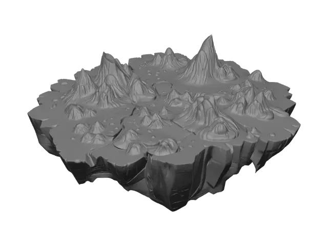 3D model for Create a large fantasy elemental floating island terrain for a Roblox RPG survival game.

Only create the terrain, no buildings, no portals, no characters, no objects.

The island should have an irregular natural shape with a large flat playable area in the center, surrounded by rocky cliffs, mountains, and floating stone formations.

Style:

* Epic fantasy anime RPG
* Elemental magic atmosphere
* Ancient mysterious world

Terrain details:

* Dark volcanic rocks mixed with natural earth
* Cracks and rock formations
* Different heights and landscapes
* Floating rocks below the island
* Natural paths and open areas for future structures

Game-ready 3D terrain, optimized for Roblox scale, clean topology, no extra decorations. Create only the island landscape.