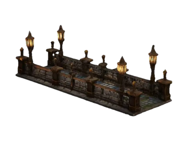 Extremely Detailed, steamunk cobble road with at both sides a railing and… - Cobblestone 3D model, vytvořený pomocí AI