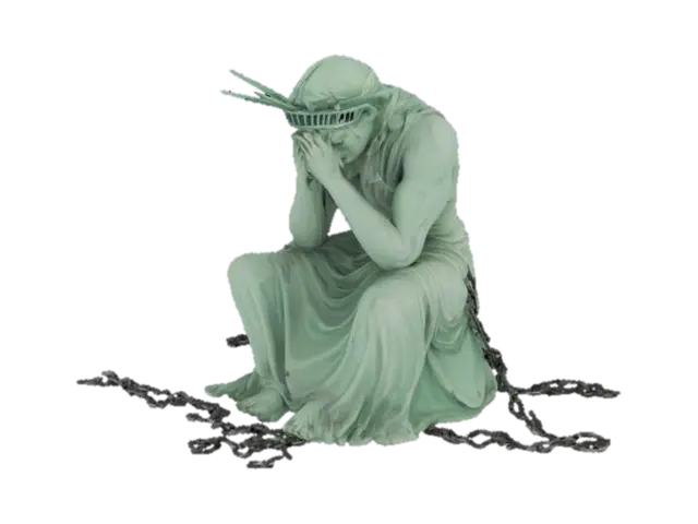 the Statue of Liberty sits slumped at the base of her pedestal, her head bowed and… - America 3D model, vytvořený pomocí AI