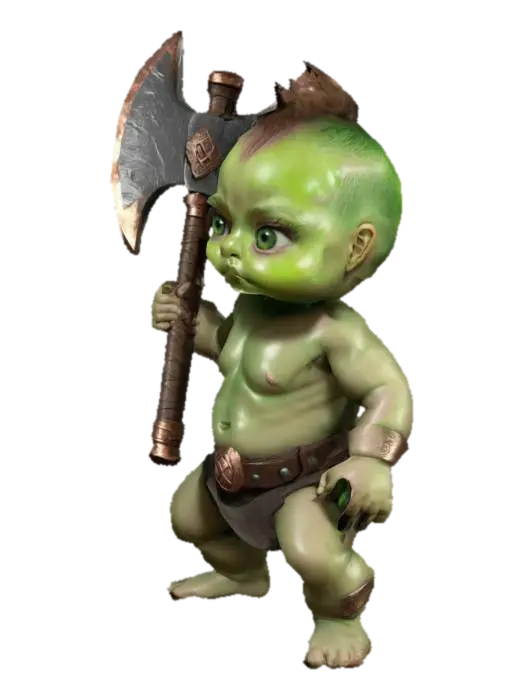 #game figure#,A Baby in nappies, with a large fierceful double headed battle… - Doubleheaded 3D model, vytvořený pomocí AI