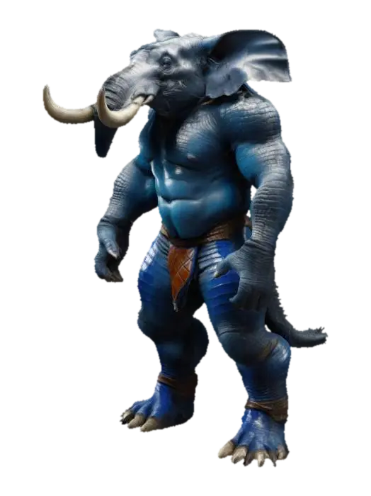 Modello 3D Humanoid Fusion between a Rhino and an elephant and a crocodile all extreme muscular…, generato dall’IA
