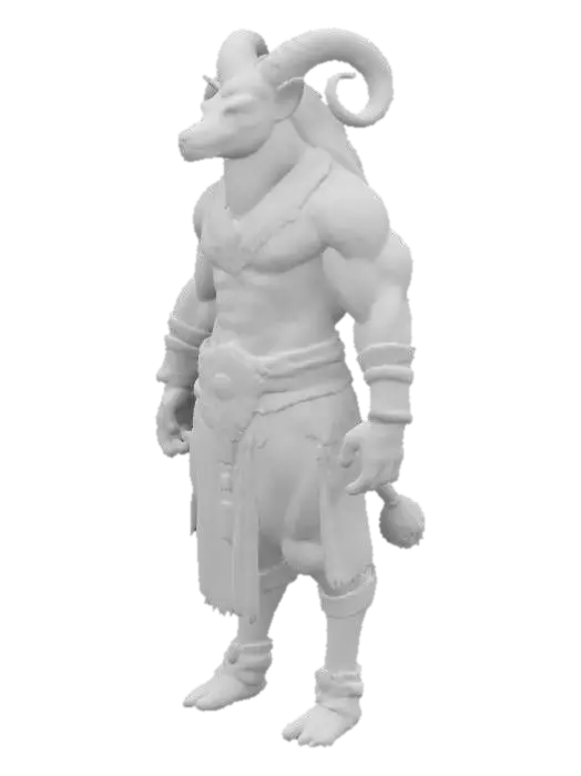 3D model for A powerful creature with the muscular body of a human and the head of a camel. It wears a crown adorned with gemstones, detailed metallic jewelry, and a belt,