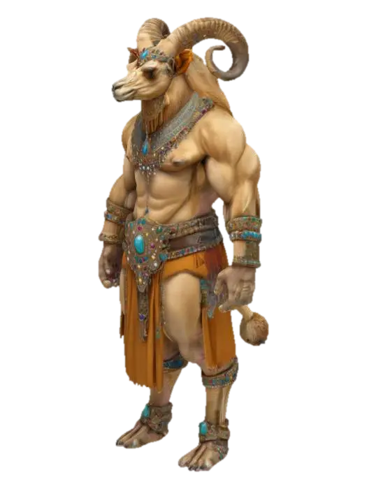 3D model for A powerful creature with the muscular body of a human and the head of a camel. It wears a crown adorned with gemstones, detailed metallic jewelry, and a belt,
