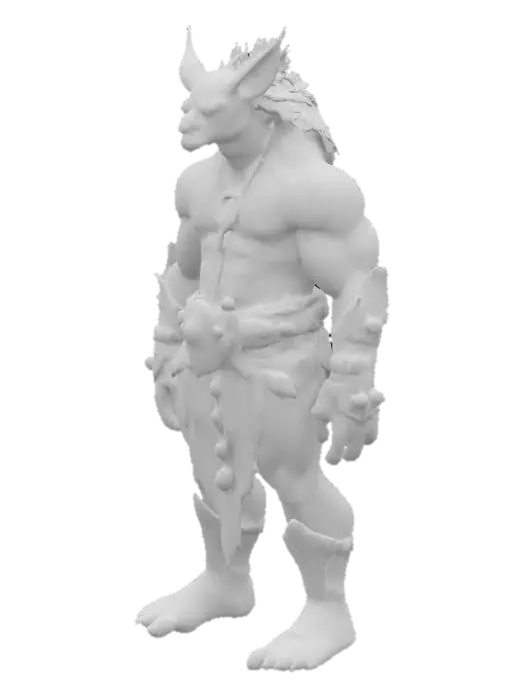 3D model for Create a highly detailed, ultra-realistic, smooth, anthropomorphic creature with an ultra muscular, warrior-like physique and broad shoulders 400 cm. The creature should be adorned with loincloth leather and gems that accentuates its already impressive physique, he creatures face should be expressive, with a fierce determination in its eyes. Extreme steampunk style. Full Body, a-pose. Super high quality, especial on the inside of the legs and arms. No loose parts.